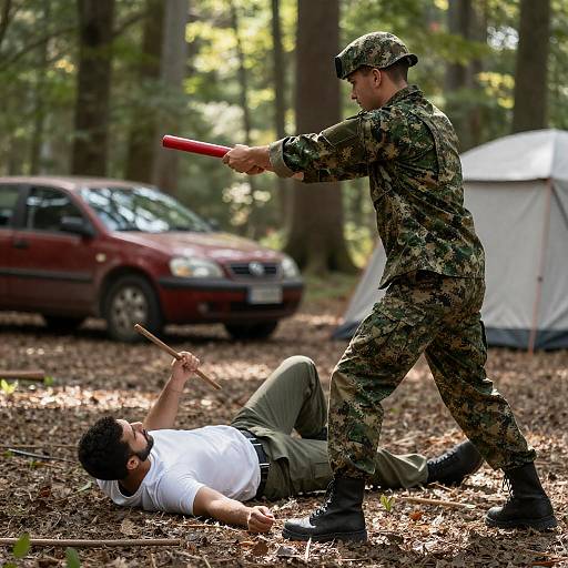 Camouflage Soldier Strikes Man in Forest