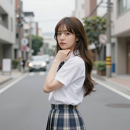Asian Woman in School Uniform on Street