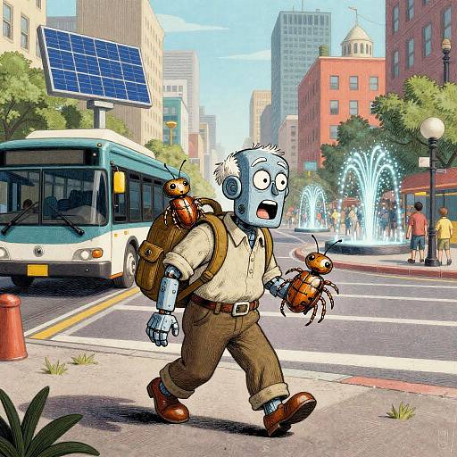 Elderly Robot Inventor in Cityscape