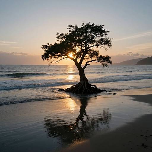 Photograph of a solitary tree with spreading branches silhouetted against a sunset on a beach, its reflection shimmering in the wet sand and gentle