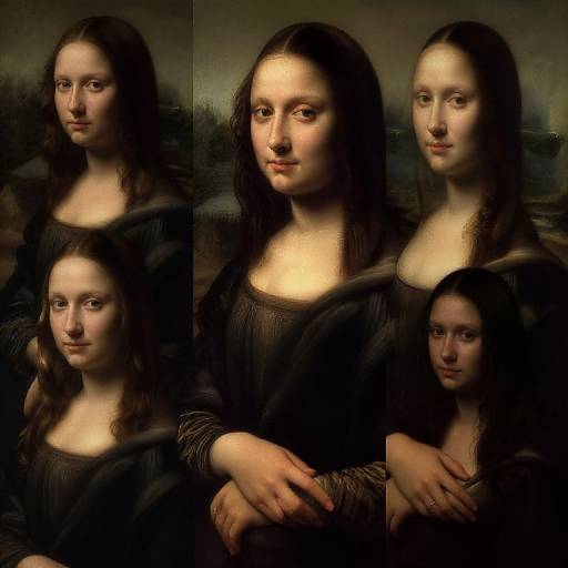 Digital artwork of multiple Mona Lisa faces in a grid, each with varying expressions, all wearing the iconic Renaissance-style black dress.