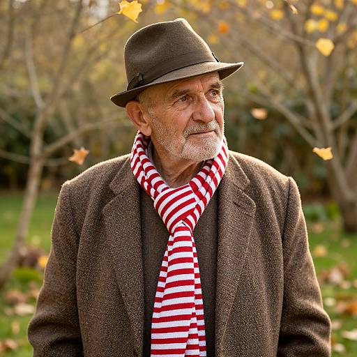 Photograph of an elderly man with gray beard, wearing a brown hat, dark coat, and red-striped scarf, standing in an autumnal park.