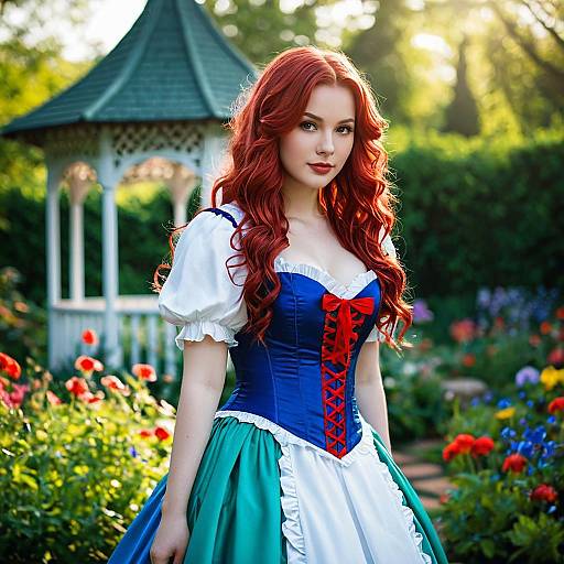 Young Woman in Blue Corseted Dress in Garden