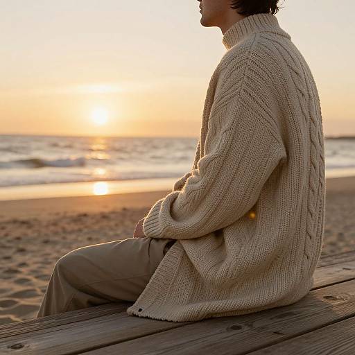 Photograph of a man in a beige knitted sweater and khaki pants, sitting on a wooden bench at sunset on a sandy beach, with waves