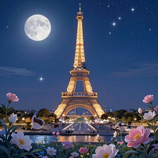 Photograph-style digital illustration of the Eiffel Tower illuminated against a night sky with a full moon, surrounded by glowing flowers and a starry sky