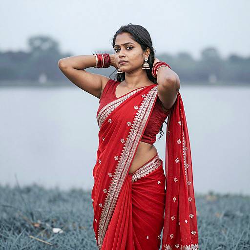 Indian Woman in Red Saree by Lake
