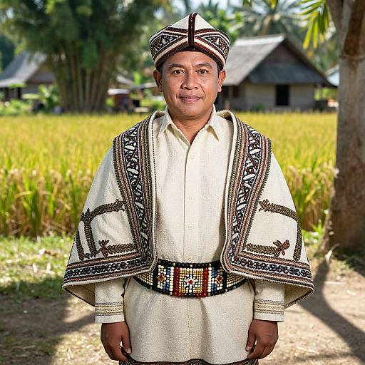 Photograph of a smiling man in traditional white and black embroidered attire, standing in a sunlit rural field with tropical trees and thatched houses in the