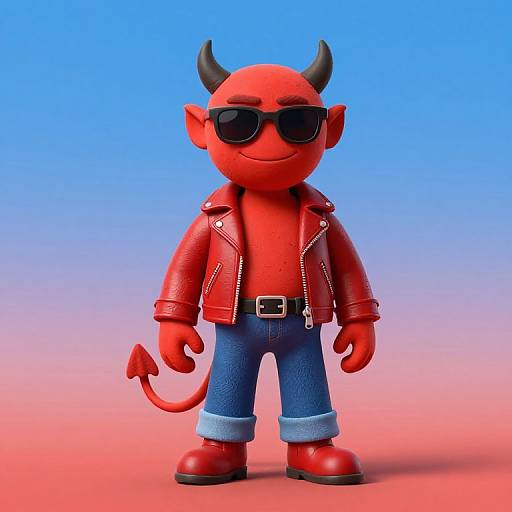 CGI cartoon devil with red skin, black horns, sunglasses, red leather jacket, blue jeans, red shoes, and a tail, standing against a