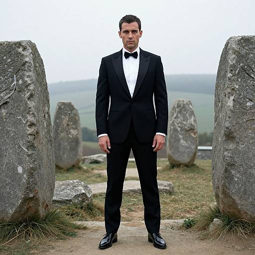 Photograph of a serious, dark-haired man in a black tuxedo with a bow tie, standing between large stone monuments in a grassy,