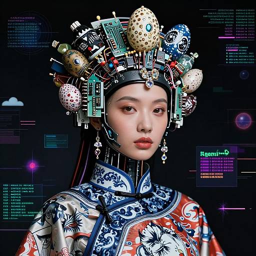 Digital artwork of an East Asian woman in a traditional floral kimono, wearing a futuristic headdress with circuitry and decorative orbs. Neon text overlays the