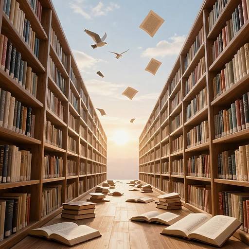 Photograph of a sunlit library aisle with tall wooden bookshelves, open books on the floor, and flying books and birds.