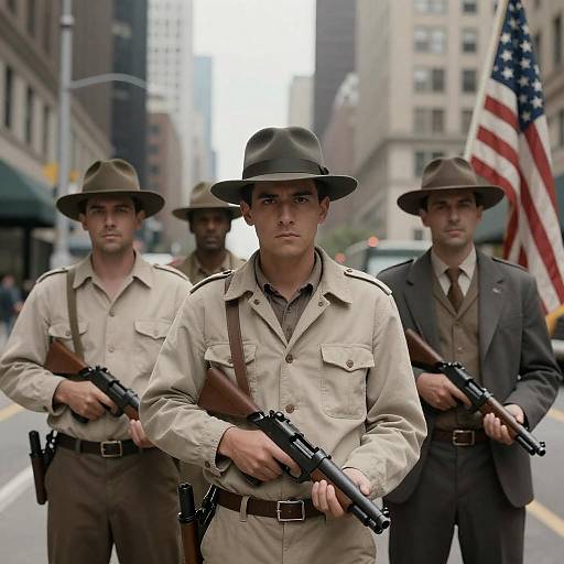 Four Men in Vintage Military Clothing with Guns on City Street