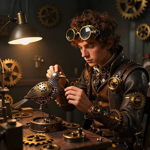 Steampunk Inventor in Cluttered Workshop