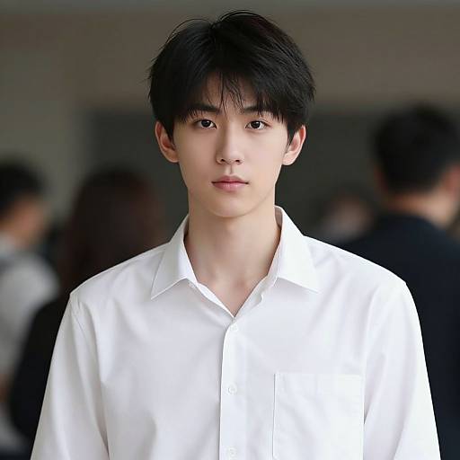 Photograph of an East Asian young man with straight black hair, wearing a white button-down shirt, standing in a blurred indoor background.