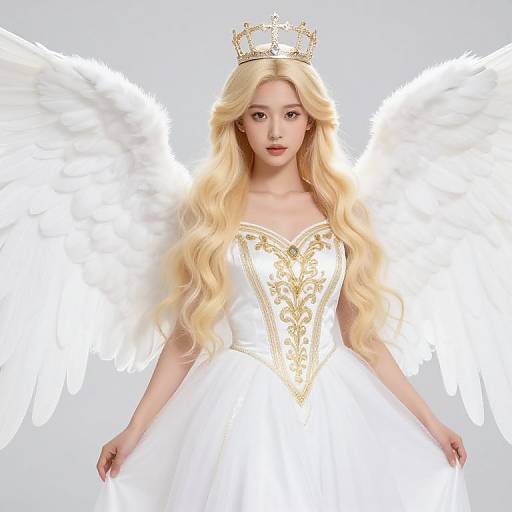 Digital artwork of a blonde angel with long wavy hair, white wings, golden crown, and ornate white dress, standing against a light gray background