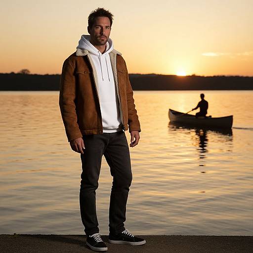 Photograph of a bearded man in a brown jacket, white hoodie, black pants, and black sneakers, standing by a sunset-lit lake with
