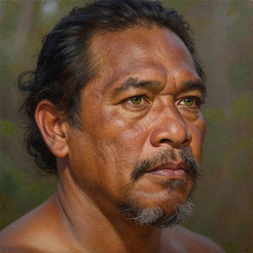 Photorealistic portrait of an older, middle-aged Native American man with medium brown skin, short black hair, and gray beard, gazing thoughtfully