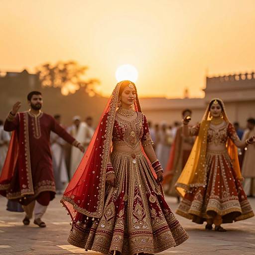 Photograph of a traditional Indian wedding dance at sunset, featuring a bride in a red and gold lehenga, adorned with jewelry, surrounded by men in