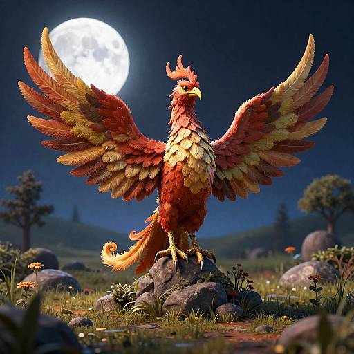 3D Phoenix in Moonlit Forest Glade