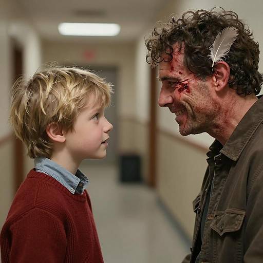 Boy and Bloodied Man Facing Each Other in Hallway