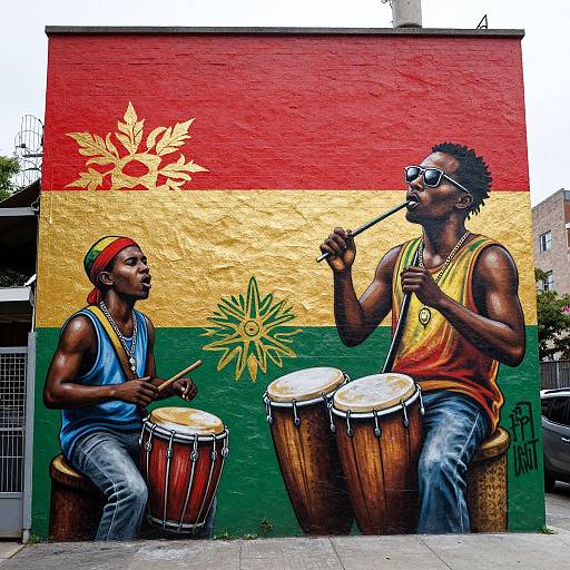 Vibrant mural of two African men playing drums, one in blue and red, the other in yellow and orange, against a red-yellow-green wall