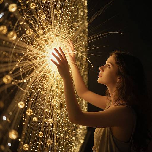 Photograph of a woman with wavy brown hair, wearing a sleeveless beige top, reaching up to touch a radiant, golden, starburst-like