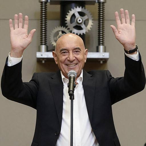 Smiling Bald Presenter with Mechanical Device