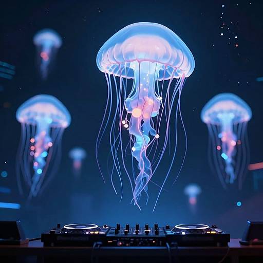 Photograph of glowing blue and purple jellyfish floating above a DJ setup with turntables, set against a dark, starry background.