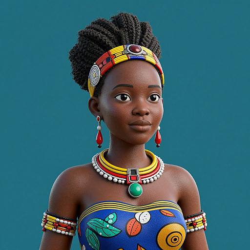 Digital artwork of a dark-skinned African girl with braided hair, colorful headband, necklace, earrings, and strapless blue dress with vibrant patterns