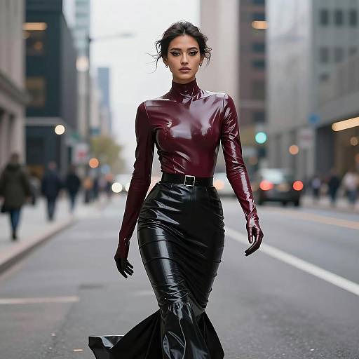 Fetish Fashion Woman in Latex Outfit Walking Downtown