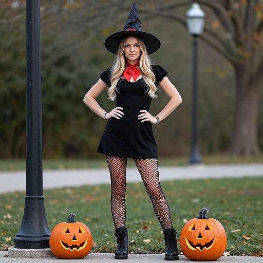 Photograph of a blonde woman in a black witch costume with fishnet stockings, black boots, and a pointed hat, standing outdoors with two carved pump