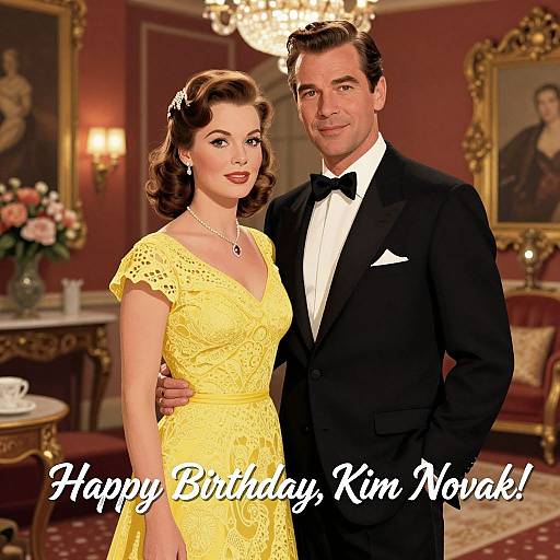 Photograph of a 1950s-themed couple in a luxurious room; woman in yellow lace dress, man in black tuxedo, 