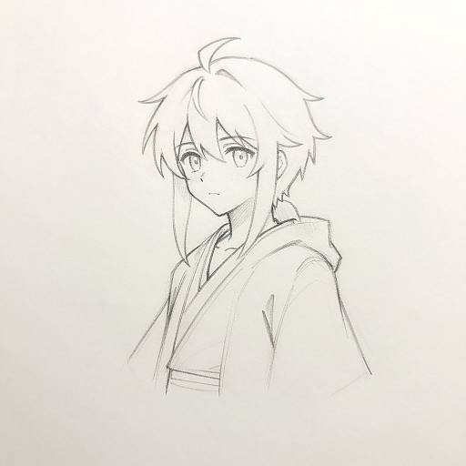 Monochrome digital sketch of a young person with short, messy hair, wearing a hooded robe, looking forward with a gentle expression.