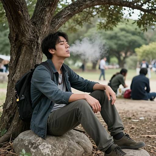 Photograph of an Asian man with black hair, wearing a black shirt and gray pants, sitting on a rock under a tree, smoking, with blurred