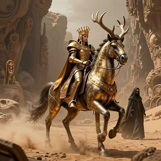 Digital fantasy artwork: Golden-armored king with crown rides ornate, antlered horse through dusty, rocky desert; mysterious robed figure in background