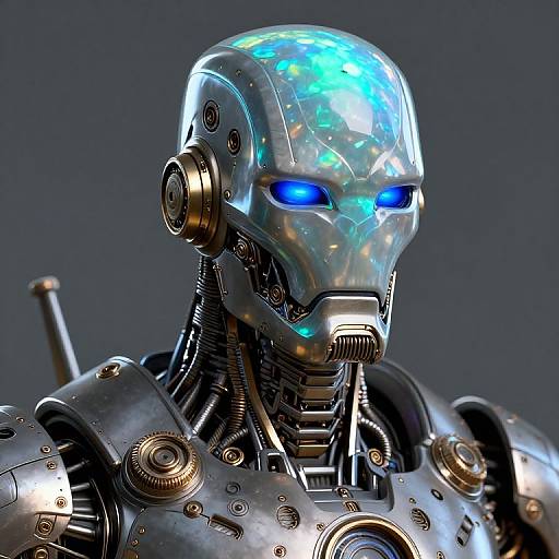 Photorealistic CGI of a futuristic, metallic humanoid robot with glowing blue eyes, reflective silver head, and intricate mechanical details against a dark gray background.