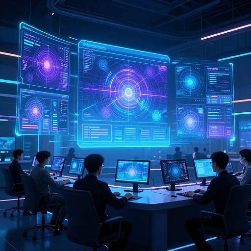 Photograph of a futuristic control room with blue neon-lit holographic screens, four seated technicians monitoring data on illuminated desks.