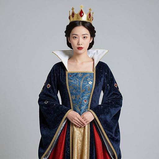 Photograph of an East Asian woman with fair skin, black hair in a bun, wearing a gold crown, blue velvet gown with gold and red trim