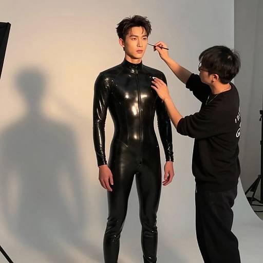 Photograph of a male model in a shiny black latex bodysuit, standing, being adjusted by a male stylist in black clothing.