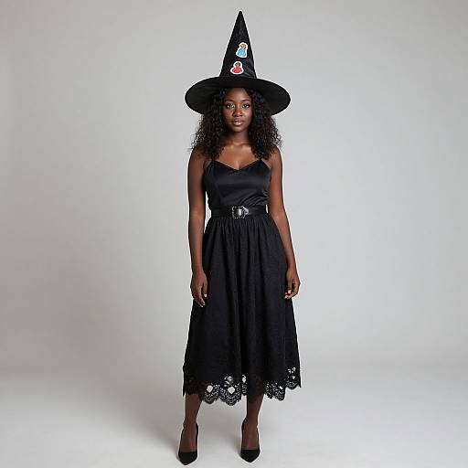 Photograph of a dark-skinned woman with curly hair, wearing a black witch hat and dress with lace trim, standing against a plain white background.