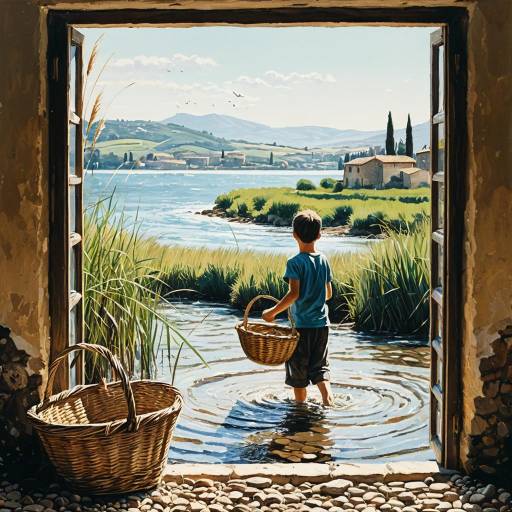 Boy with Basket Wading in Stream by Rustic Village