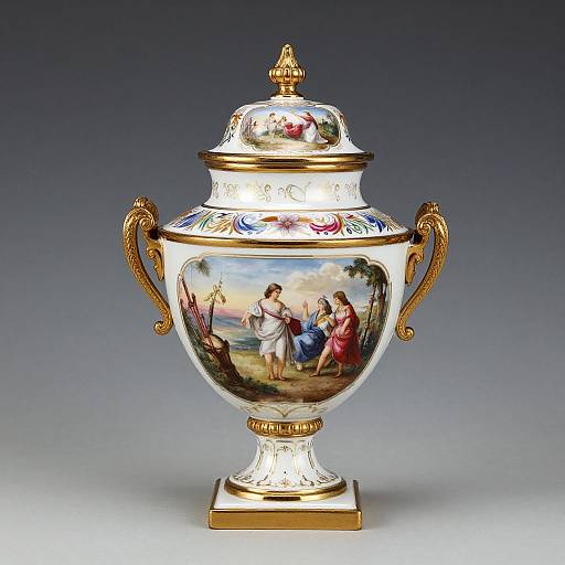 Ornate porcelain vase with gold accents, floral and classical painting of three women by a sunset, adorned with intricate blue and red patterns, set against