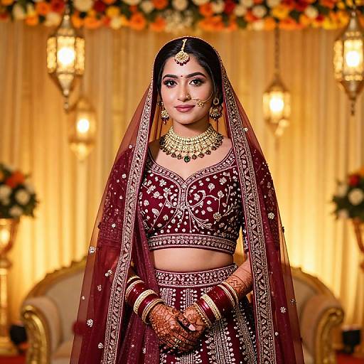 Photograph of a beautiful Indian bride in a maroon embroidered lehenga and matching dupatta, adorned with gold jewelry, standing in an ornately decorated