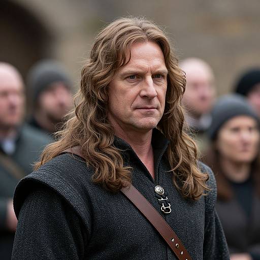Photograph of a serious-looking man with long brown hair, wearing a dark medieval tunic, brown leather strap, and silver brooch, surrounded by