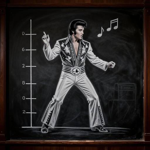 Photograph of Elvis Presley in a sparkling white and black jumpsuit, mid-dance, with musical notes and a piano scale on a blackboard