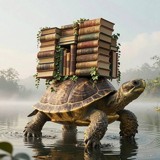 Photorealistic CGI of a turtle standing in water, carrying a stack of old books with vines, against a misty, tree-filled background.
