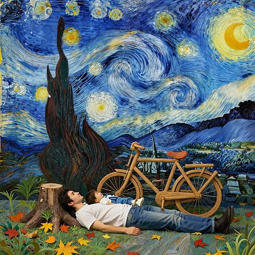 Man and Child Relaxing in Van Gogh Style Landscape