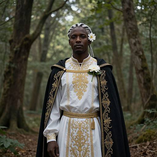 Photograph of a tall, dark-skinned man with braided hair, wearing a white embroidered tunic, gold-trimmed black cape, and