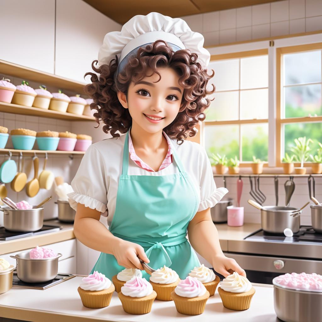 Cheerful Baker Decorating Cupcakes in Anime