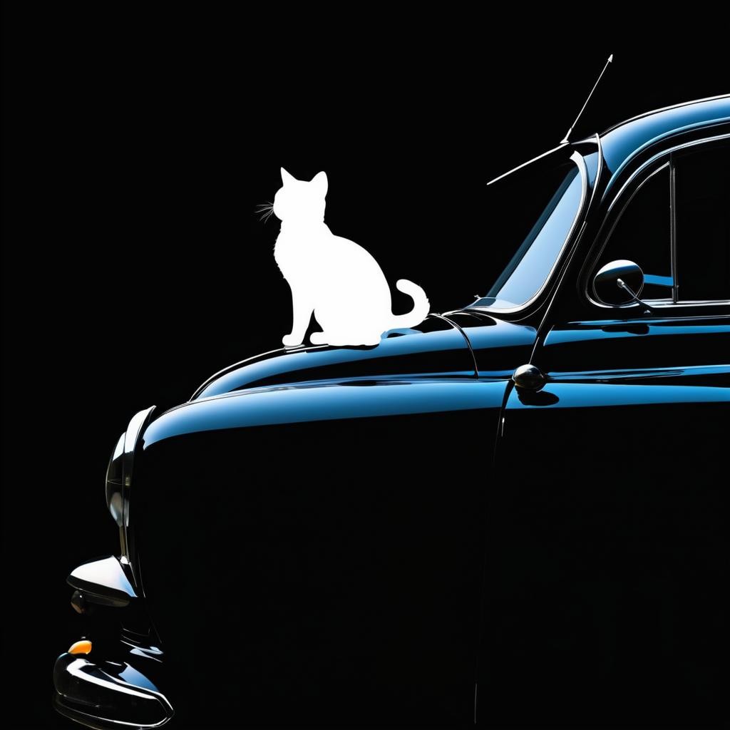 Cat Silhouette with Vintage Car Overlay